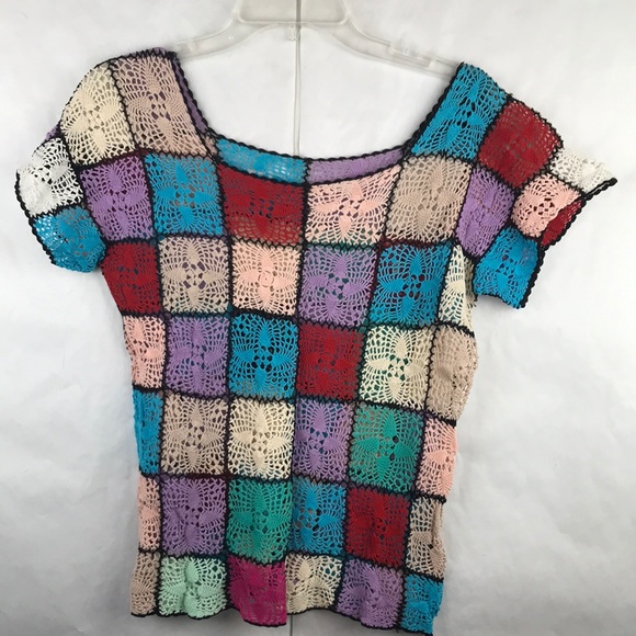 Vintage Tops - Crochet boho knit granny square lightweight top